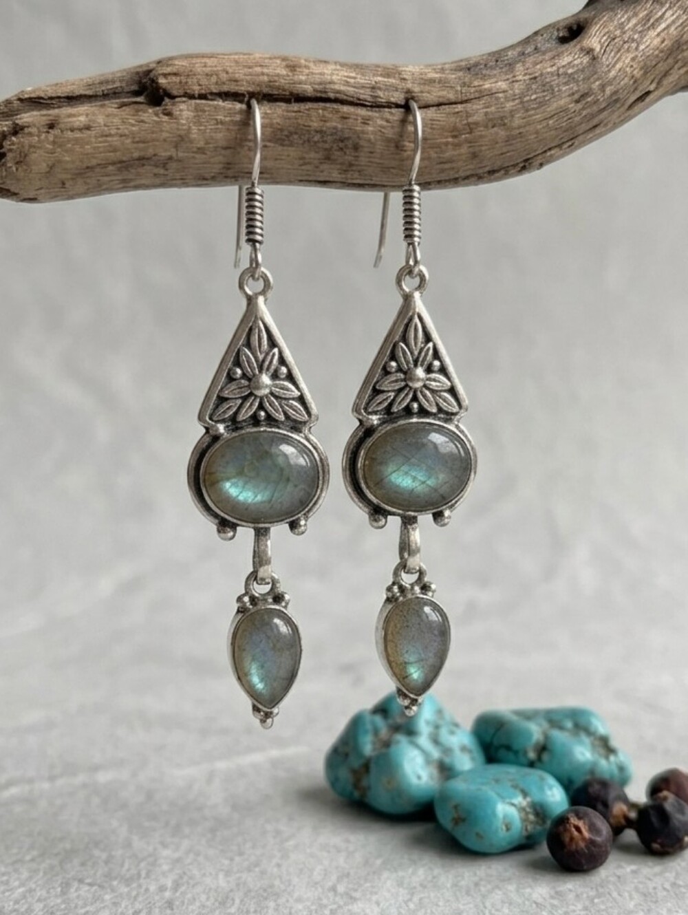 925 Sterling Silver Genuine Labradorite Artisan Handcrafted Dangle Earrings 2.7" - Picture 16 of 16